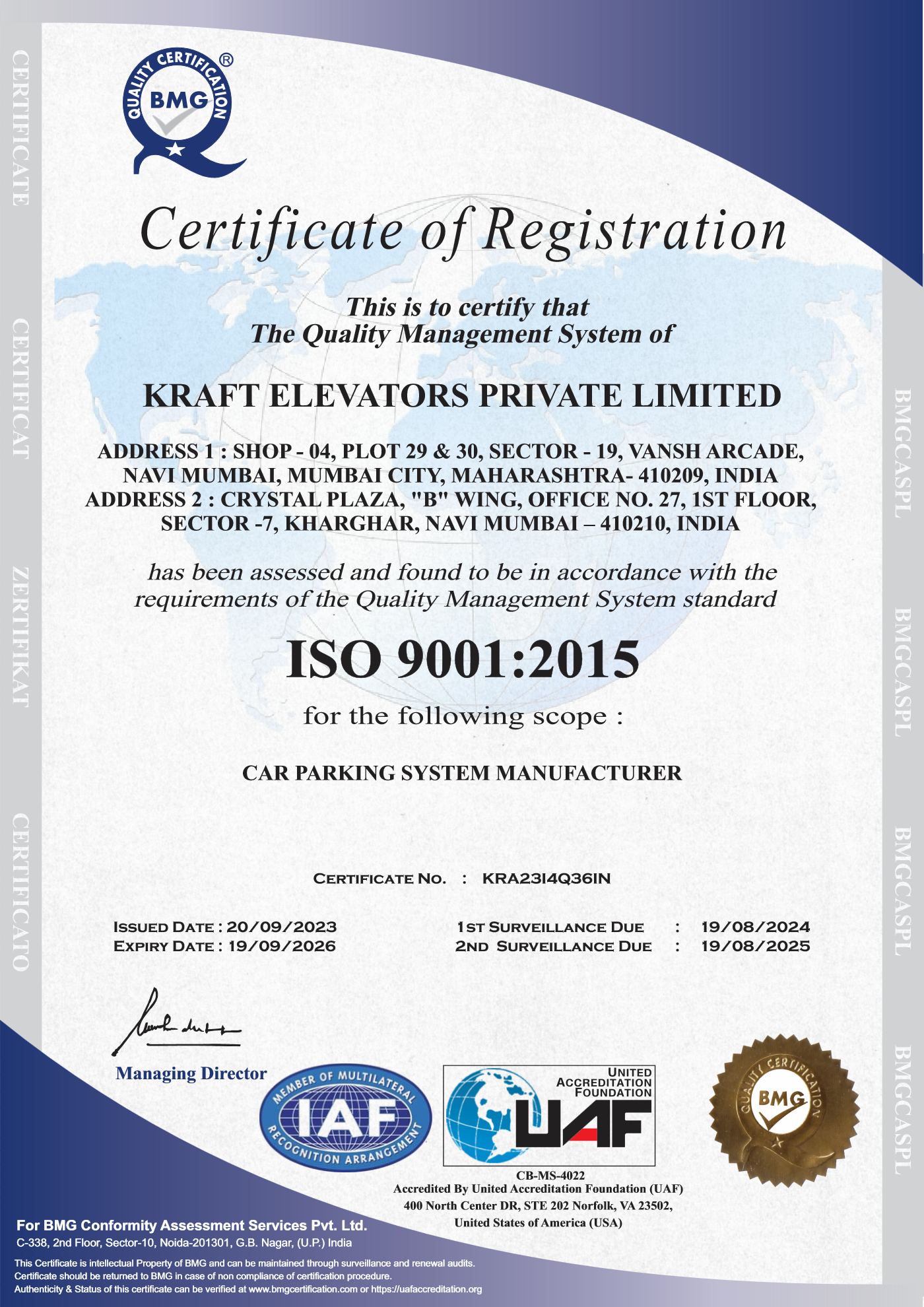 Kraft Elevators ISO 9001:2015 Certificate
